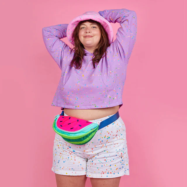 Neon watermelon fanny pack worn on model 
