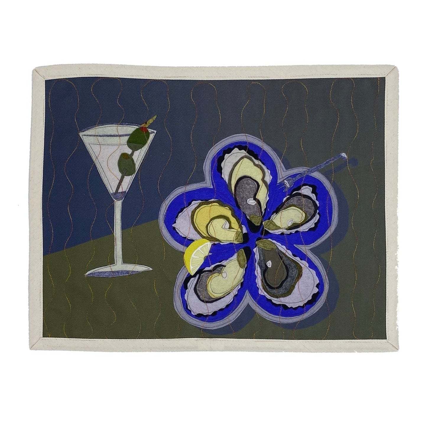 Martini and oysters placemat by Quirky Digs -- printed and topstitched poly canvas placemat 