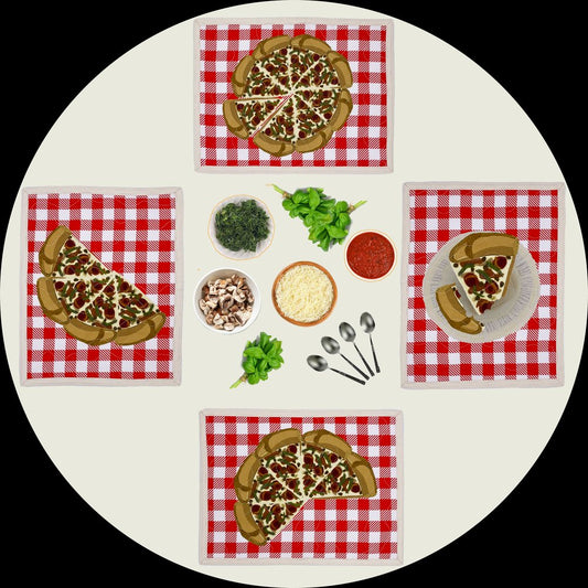 Pizza placemats by Quirky Digs -- clockwise: whole pizza, slice, 3/4, half