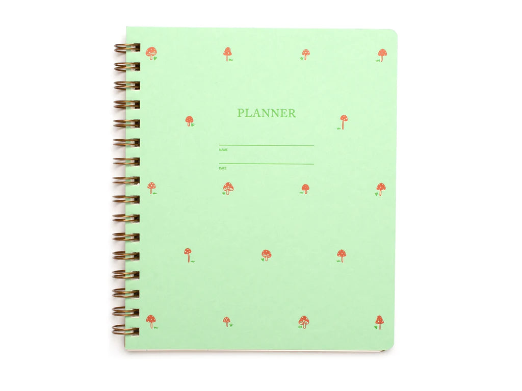 Shorthand Press mint green, spiral bound planner with mini red mushrooms 