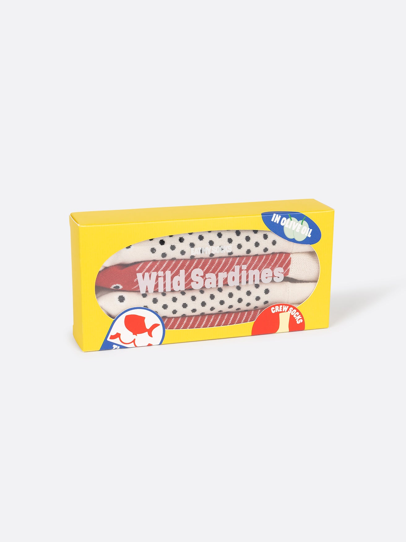 Wild Sardine socks packaged in a box resembling a tin can 