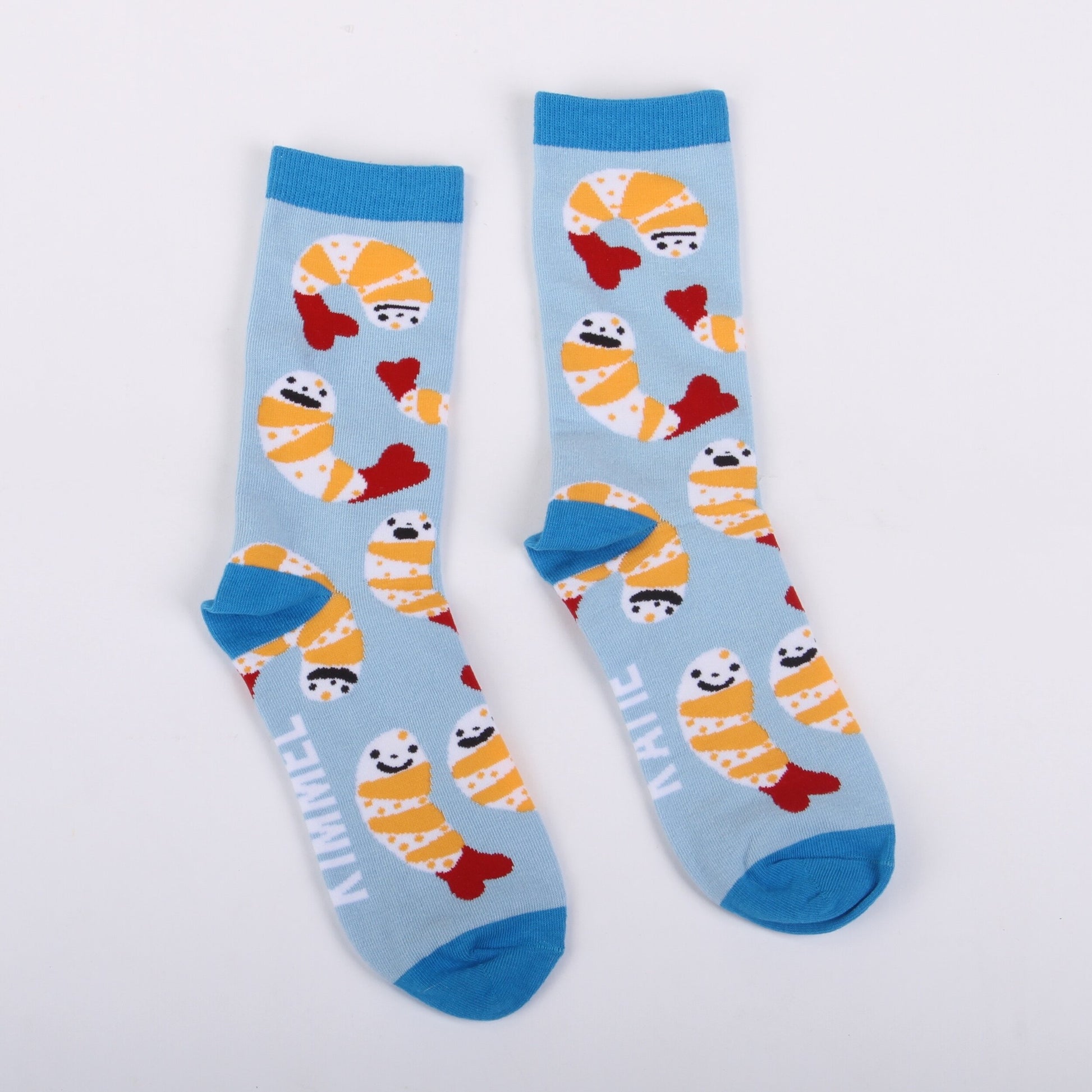 Shrimp Socks -- blue socks with orange and red shrimp on it. Also called shrimp socktails 