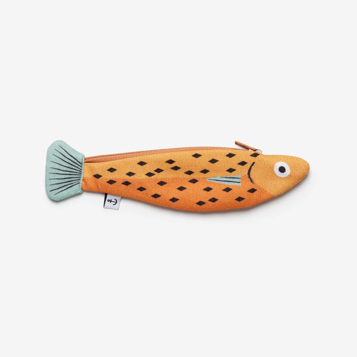 Small Whiting fish pouch in orange -- body is orange with black markings, fins are light blue with stripes