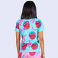 Snazzberry t-shirt -- aqua blue t-shirt with snazzy strawberries and squiggly lines on it 