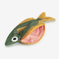 Interior of Soldier fish pouch in dark green and yellow. 