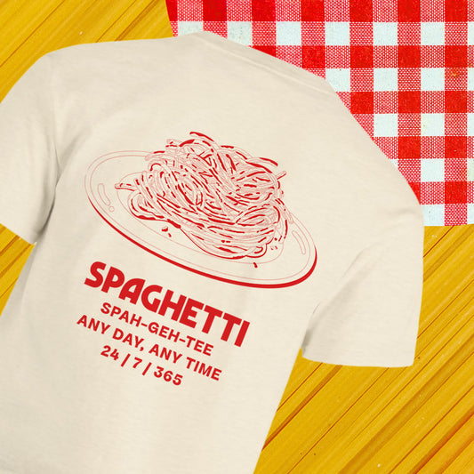 Spaghetti SpagheTee -- white t-shirt has a plate of spaghetti on the back 