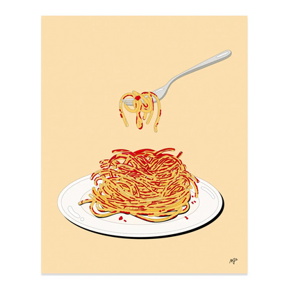 Print by Marianna Fierro; Illustration of a plate of spaghetti with a fork floating above that has some spaghetti noodles on it. 