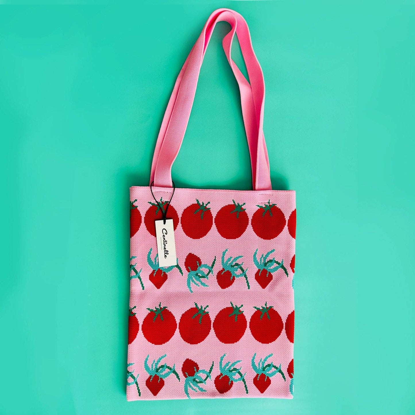 Knit tote bag with red tomatoes on it 