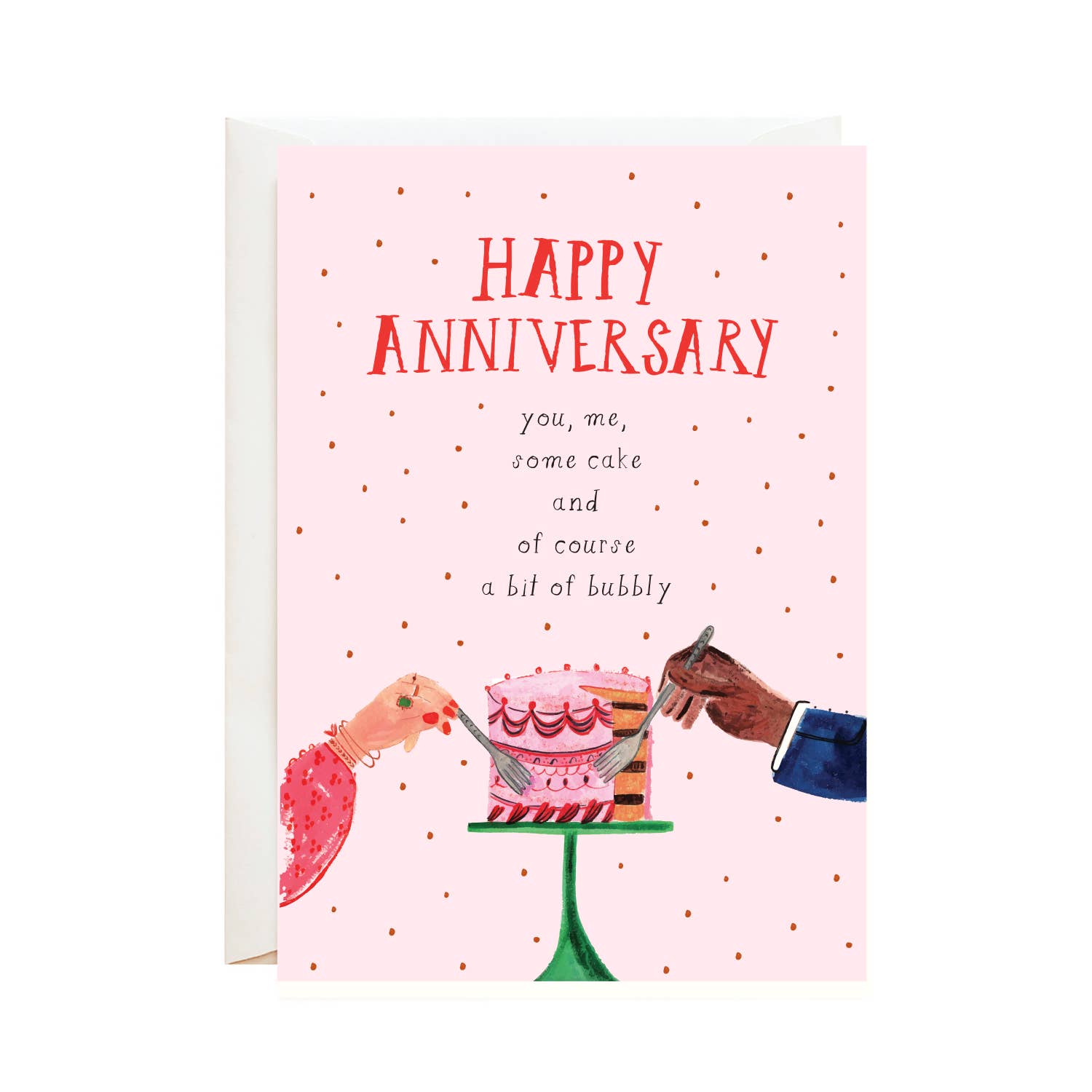 Anniversary greeting card -- reads "Happy Anniversary. You, me, some cake and of course a bit of bubbly" with two hands reaching for cake  