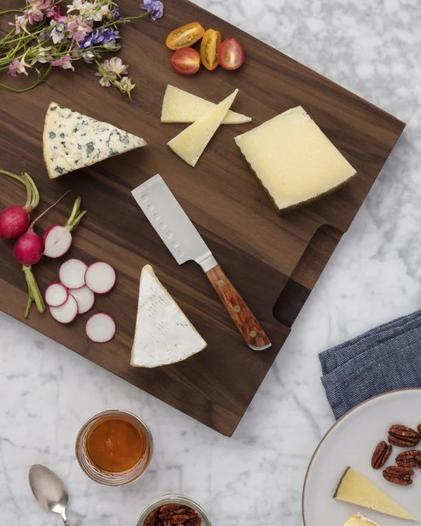 Single cheese knife on board with various cheeses