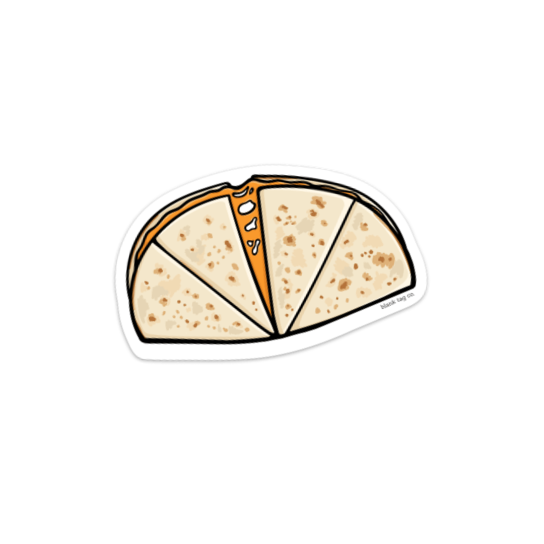 Sticker of a quesadilla cut into four triangles so you can see cheese being pulled away 