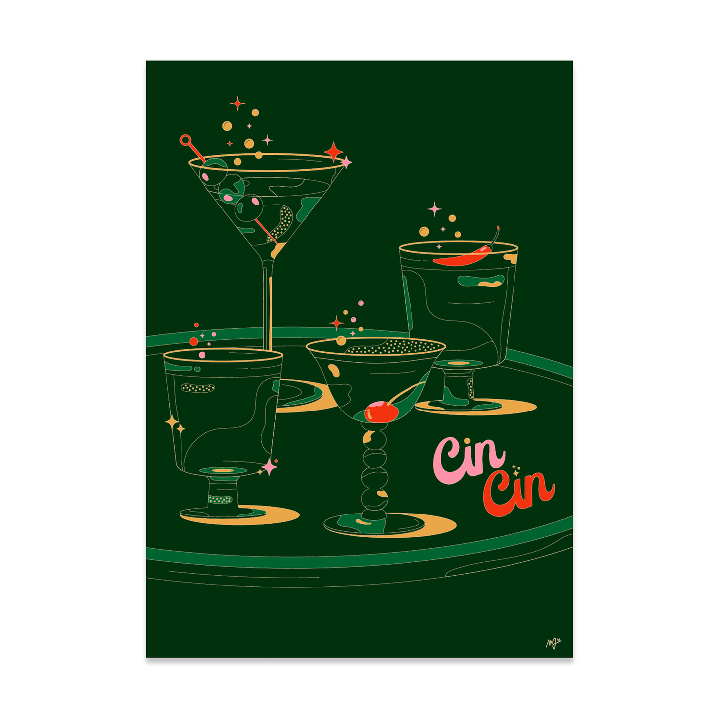 Cin Cin print/postcard on green backing. Detailed lined artwork of different cocktails.