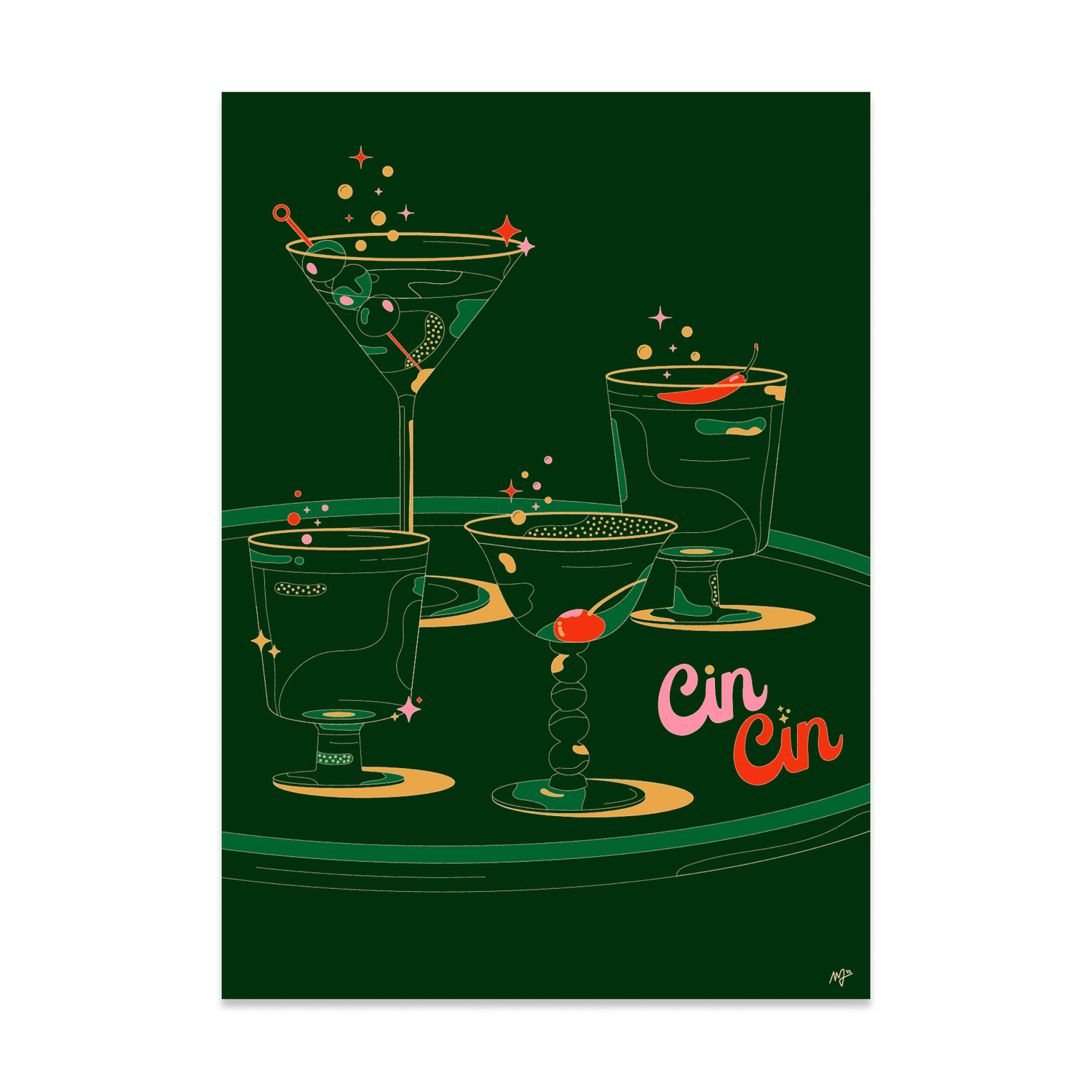 Cin Cin print/postcard on green backing. Detailed lined artwork of different cocktails.