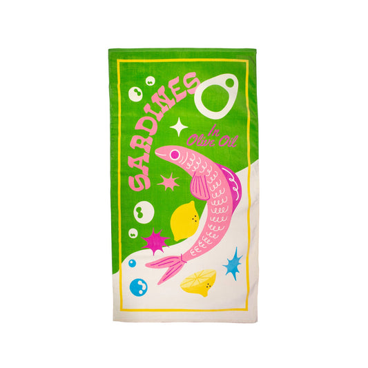 Giant beach towel -- towel is lime green with pink font and a pink sardine and looks like the top of a sardine tin