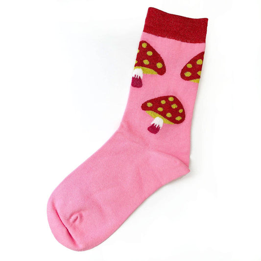 Pink and red accented socks designed with gold and red mushrooms on it