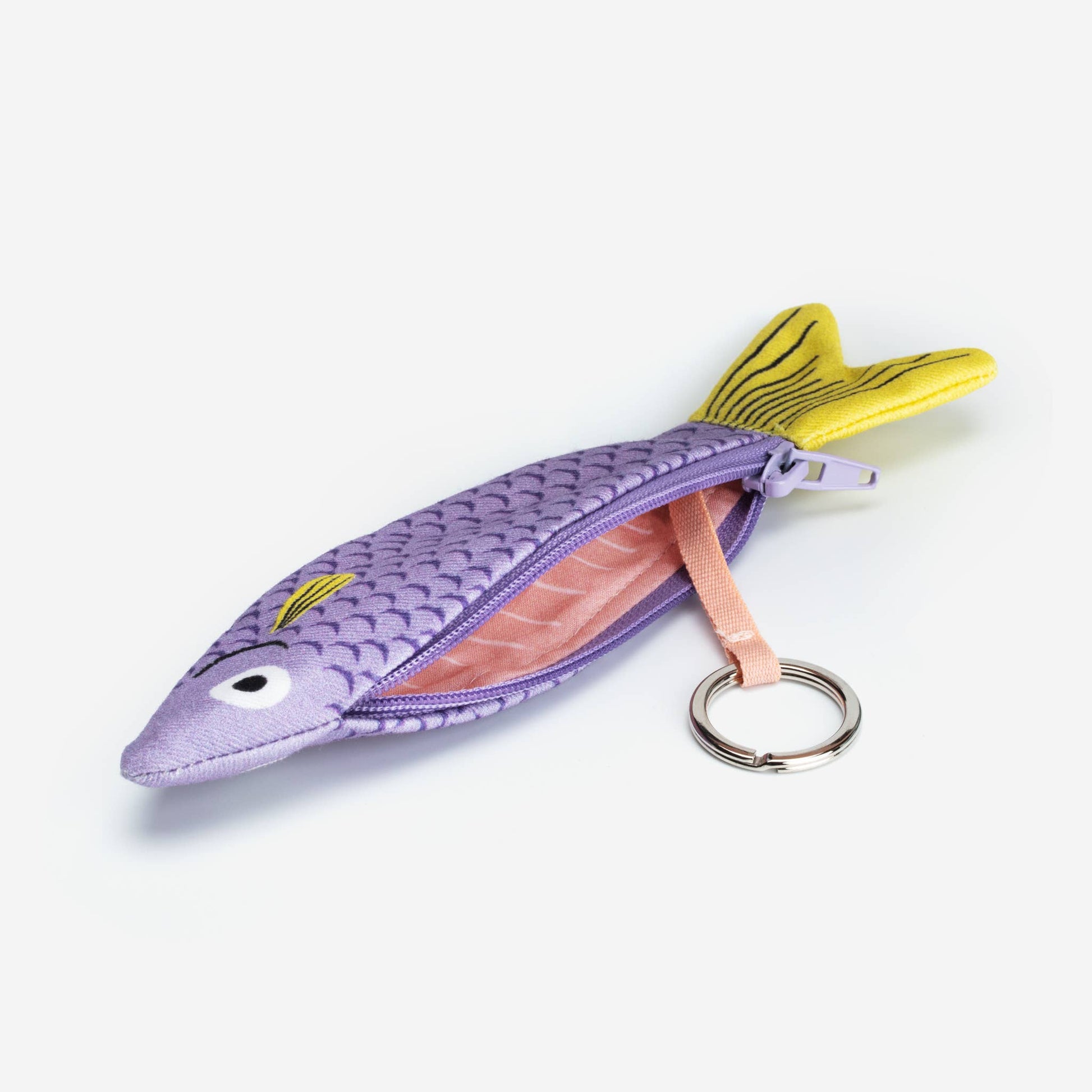 Fish pouch unzippered to show interior + attached keyring