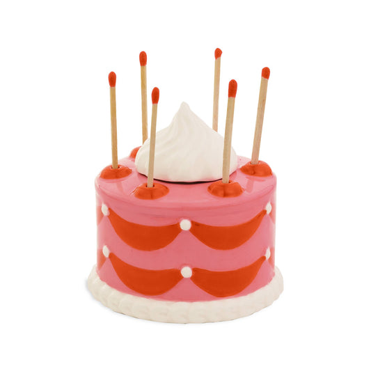 Ceramic cake match holder and striker --shaped like a whole, round cake and painted red and pink