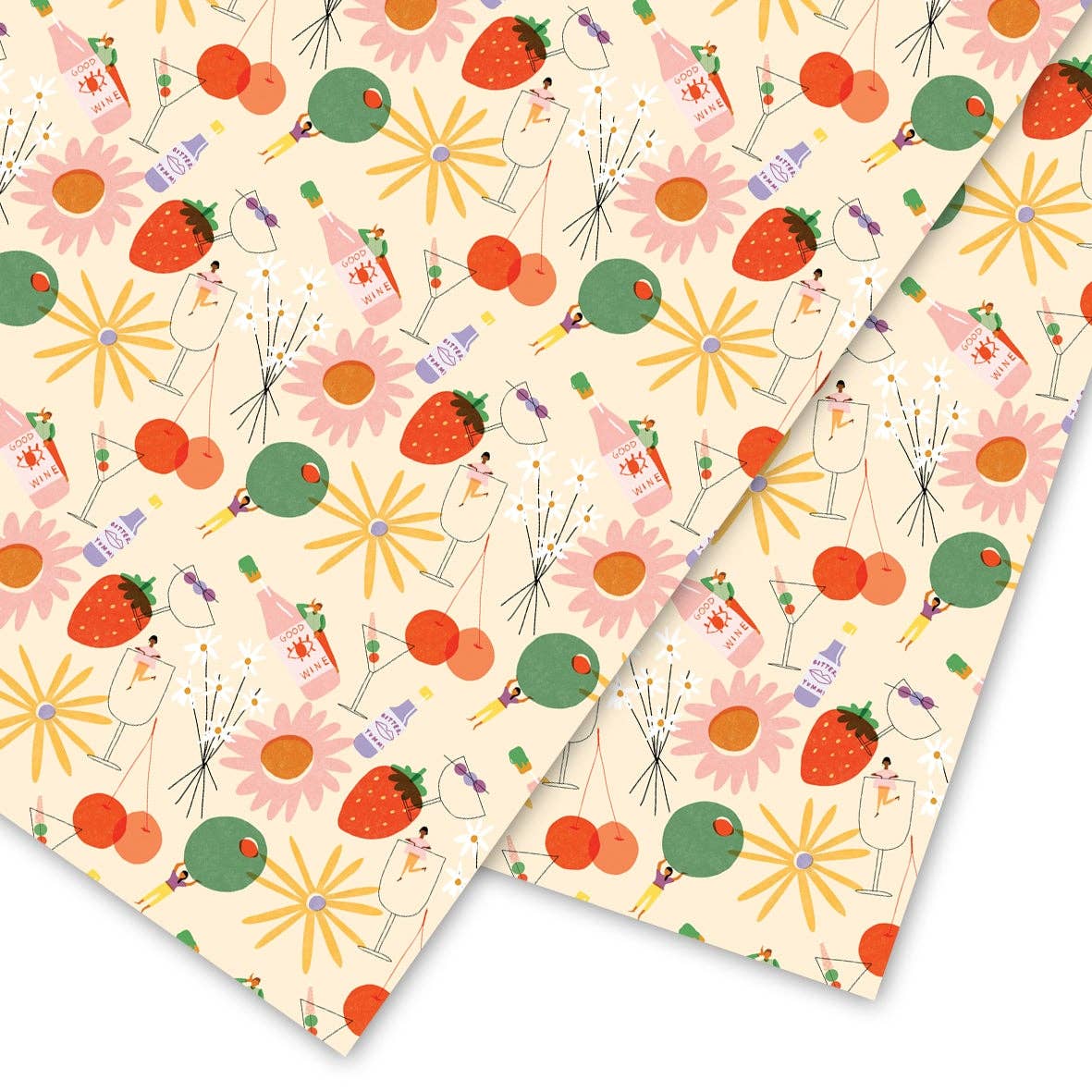 Sheets of wrapping paper --- design is vibrant colored flowers, strawberries, olives, cherries, various cocktail glasses and wine bottles on a mostly white background.