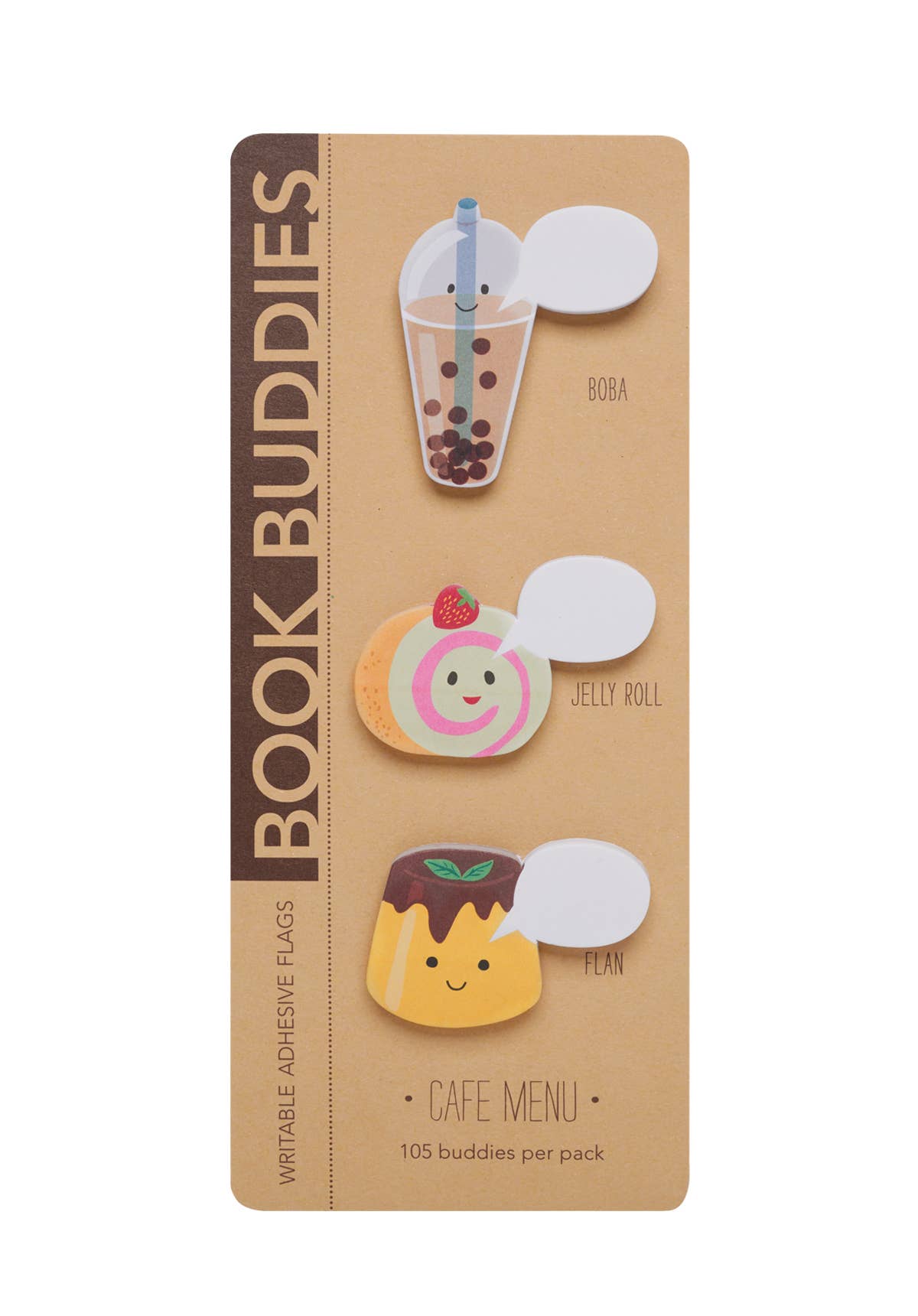 Trio of cafe book buddy page markers -- bubble tea drink, jelly roll and flan 