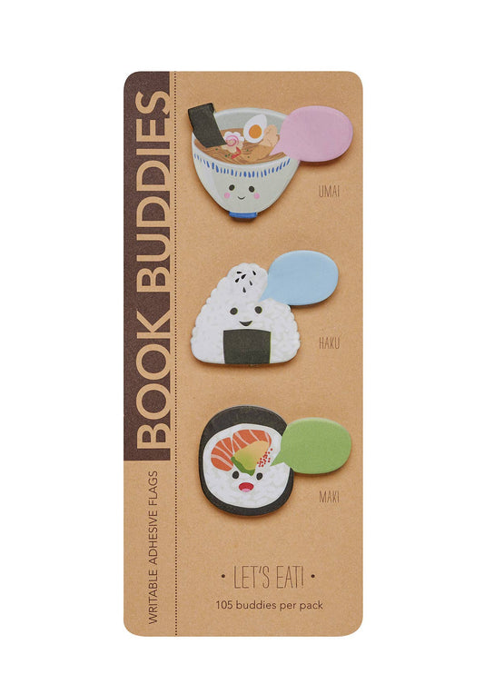 Trio of food book buddy page markers -- bowl of ramen, onigiri and sushi roll 