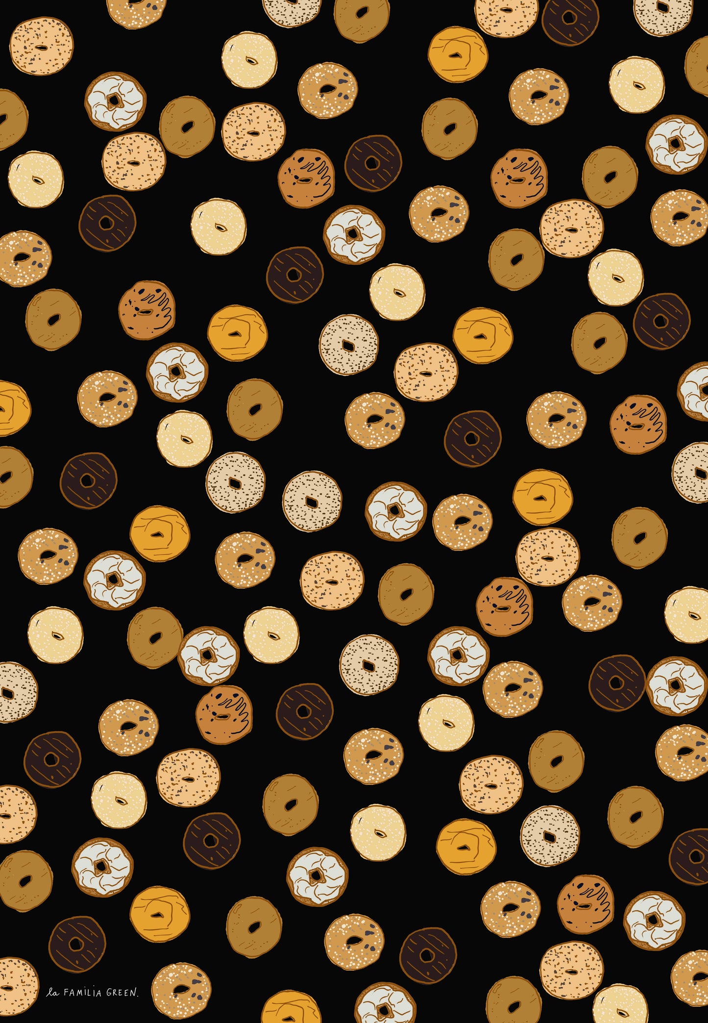 assorted bagels on a black background. This is a sheet of wrapping paper with the signature La Familia Green on the bottom.