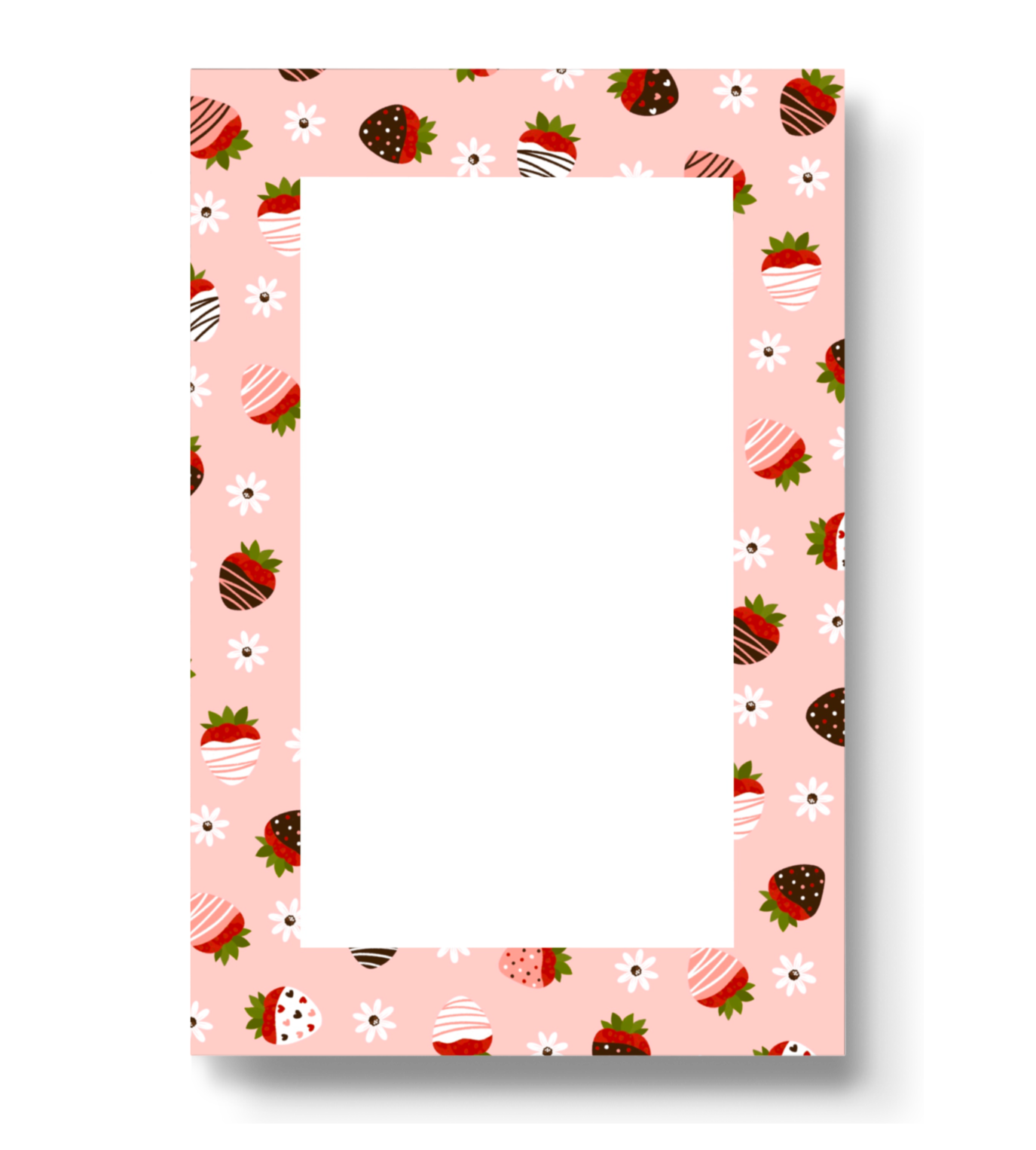 Blank notepad -- white in the middle, border is pink with various chocolate coated strawberries and white flowers on it. 