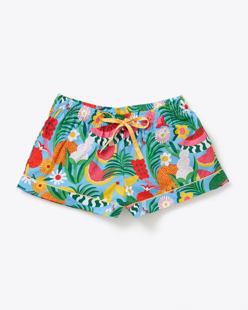 Loungewear shorts with a vibrant design --- background is blue and it is filled with various florals, leaves and fruit. Elastic waistband and yellow drawstring. 