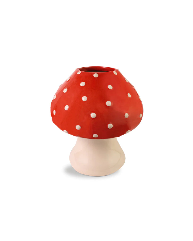 Red with white polka dots, mushroom vase with opening at top for flowers/foliage