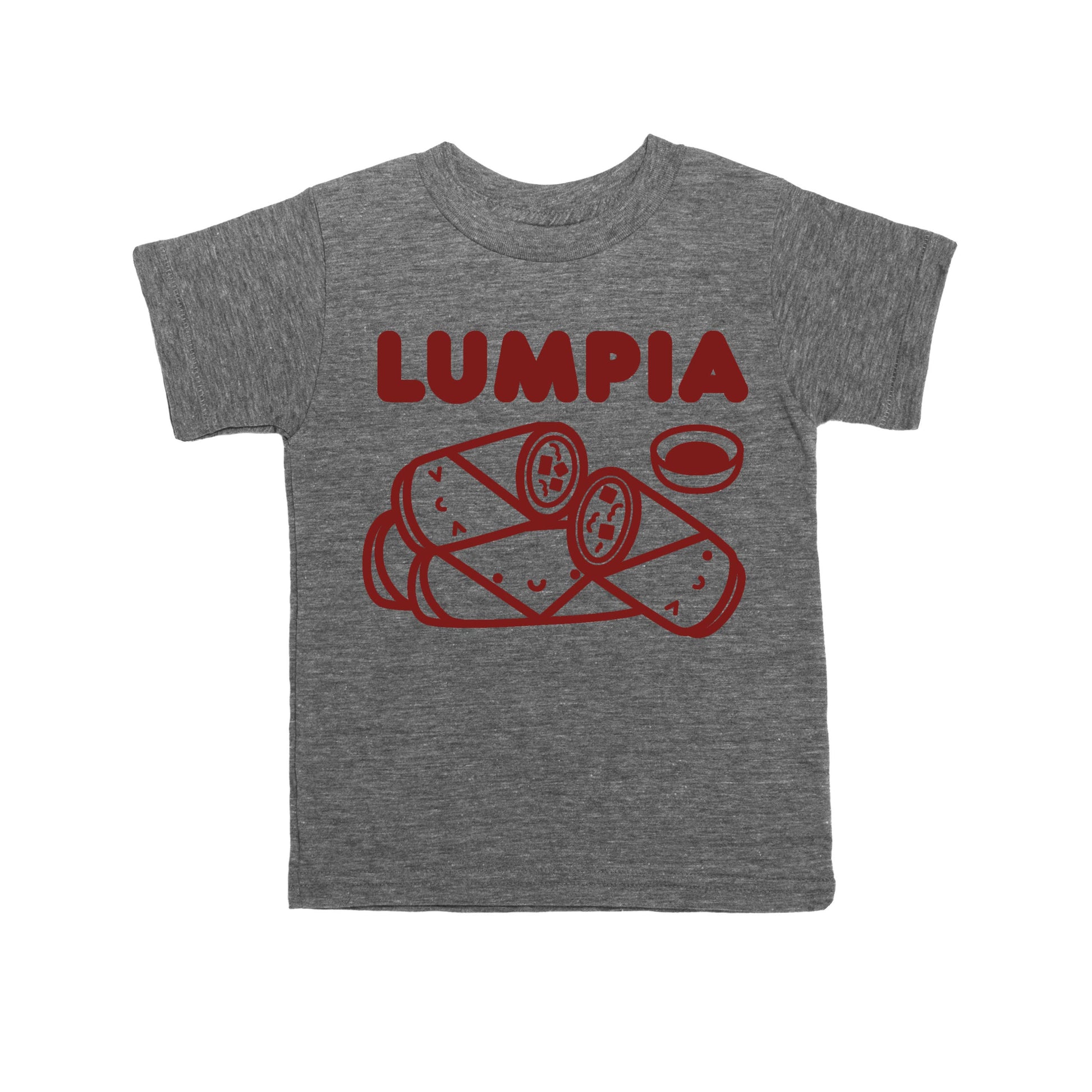 Dark gray toddler/kids size tee with an illustration of cut up lumpia and sauce, printed in red ink, and text that reads "Lumpia" 
