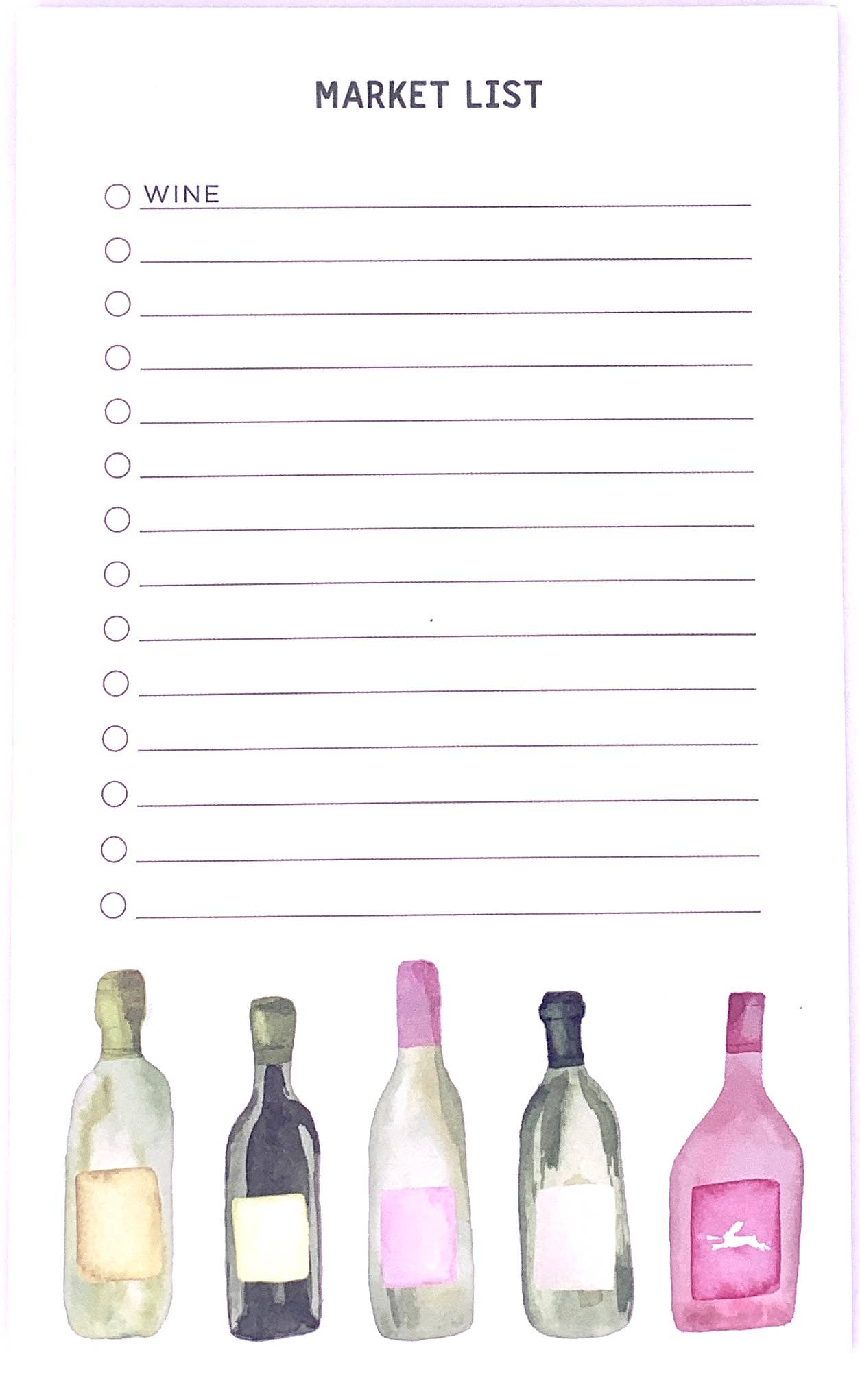 Wine bottles Market Notepad -- lined, check-off notepad with wine bottles along the bottom as the design 