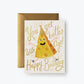 Birthday card with illustration of a happy wedge of cheese wearing white sneakers and a pointy gold birthday hat. Text reads "You get better with age! Happy Birthday!"