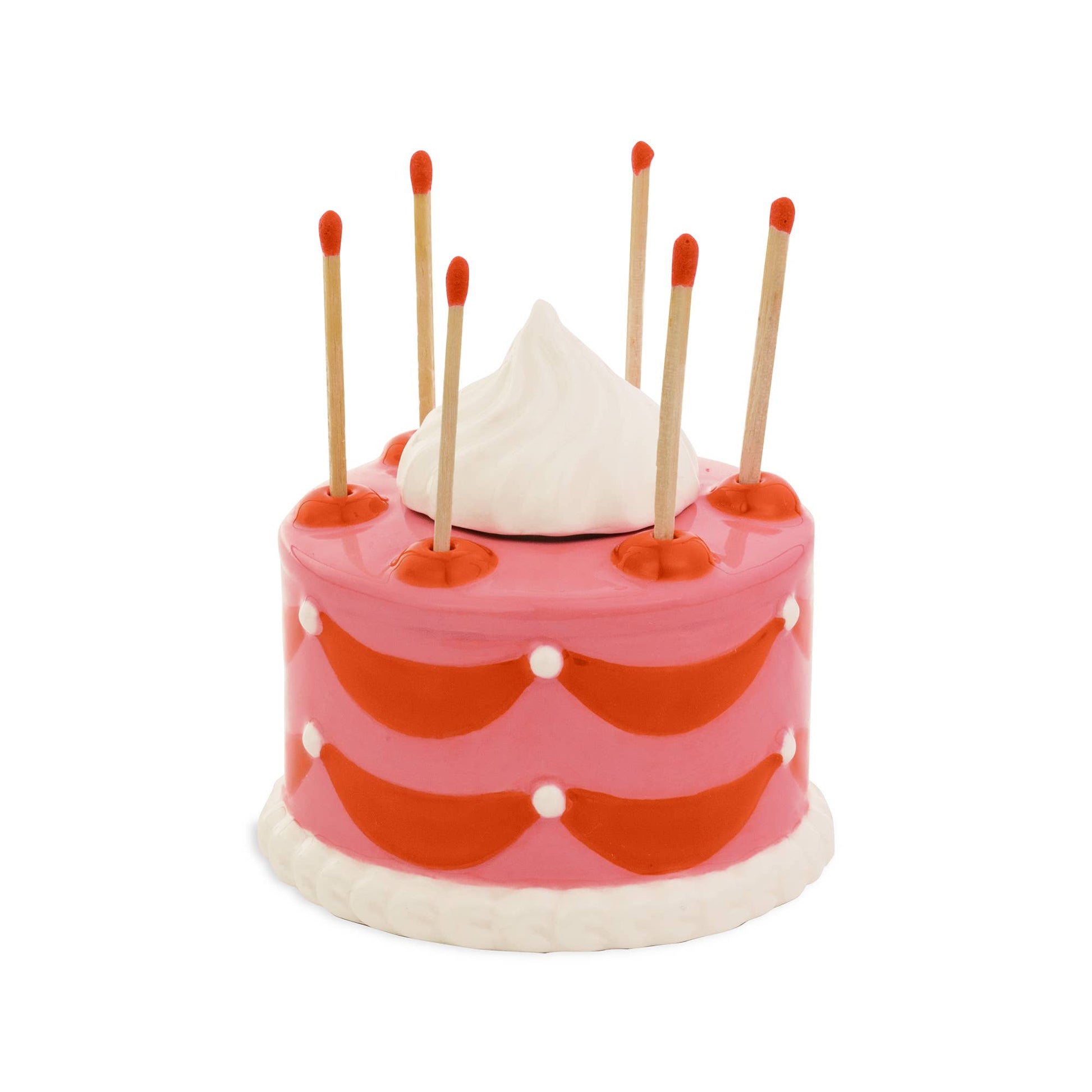 Ceramic cake match holder and striker --shaped like a whole, round cake and painted red and pink
