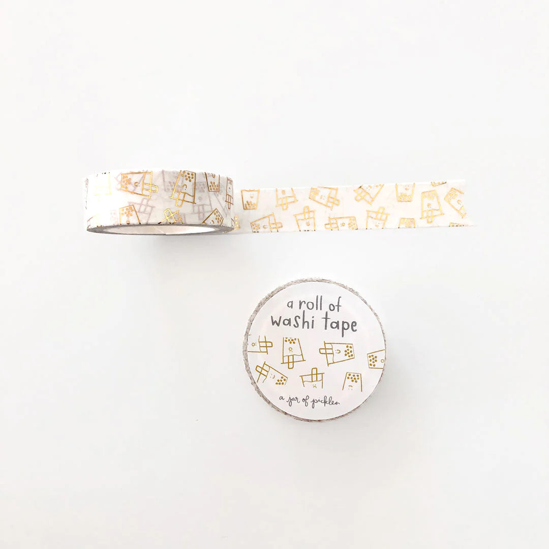 white washi tape with gold foil boba cups on it