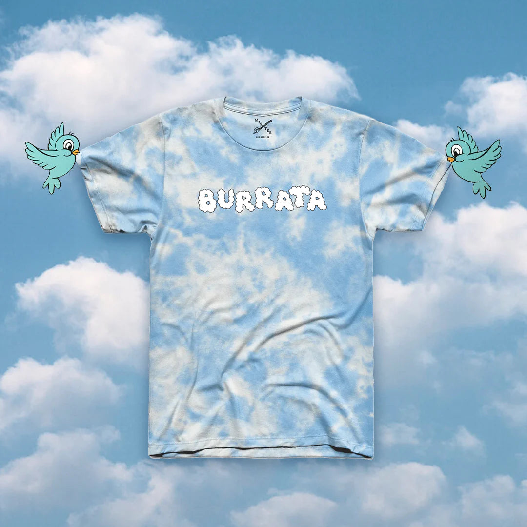 Blue and white tie dye t-shirt that has "BURRATA" printed on the front in white, cloud font 