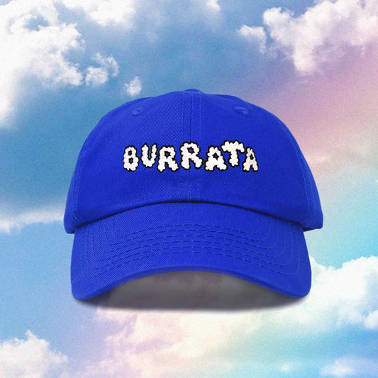 Blue cap with BURRATA embroidered on the front in white and cloud shape
