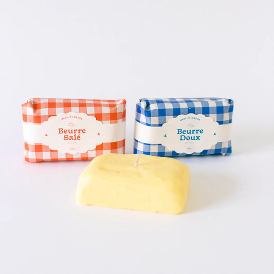 Butter candle packaging -- red gingham for "salted butter" and blue gingham for the other 