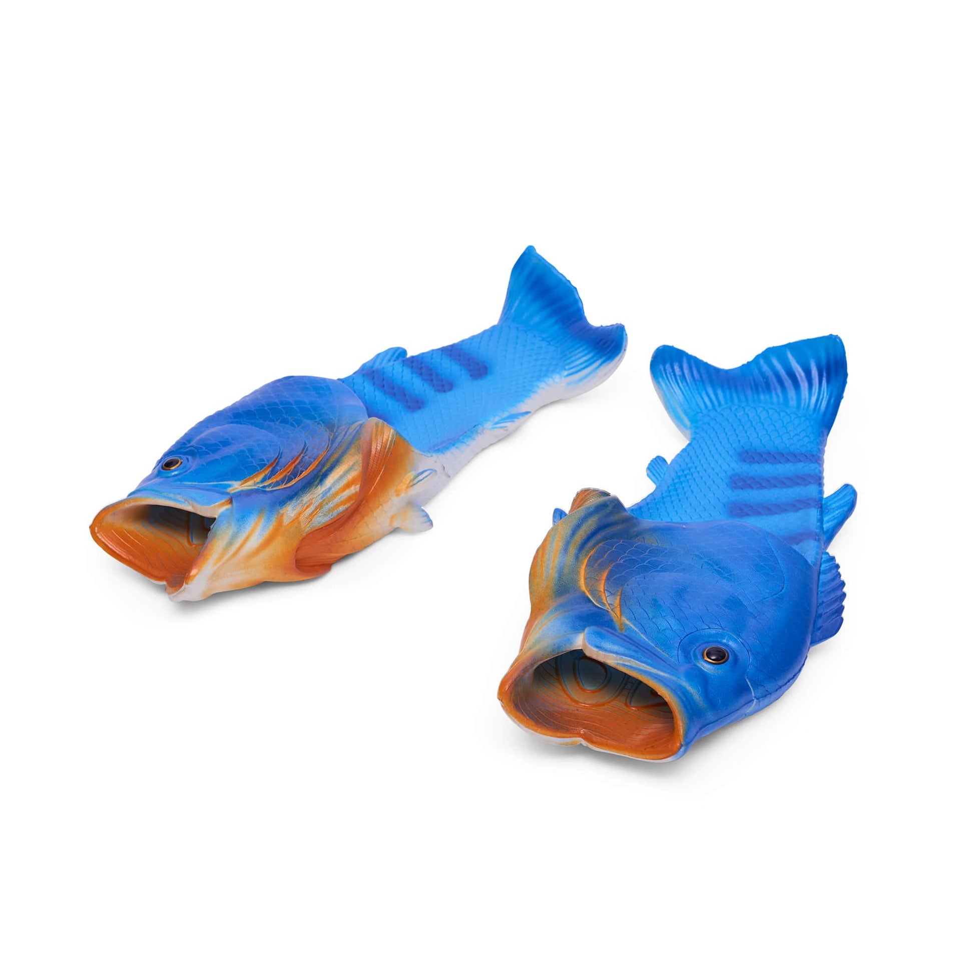 Electric blue and orange/brown  fish slippers --- slide slippers in the shape and texture of a fish, mouth of fish is the opening for the toes