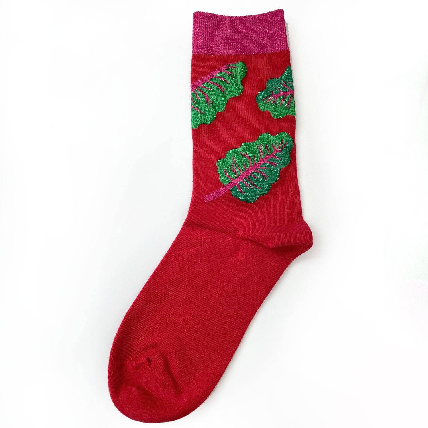 Dark red socks designed with glittery, green chard