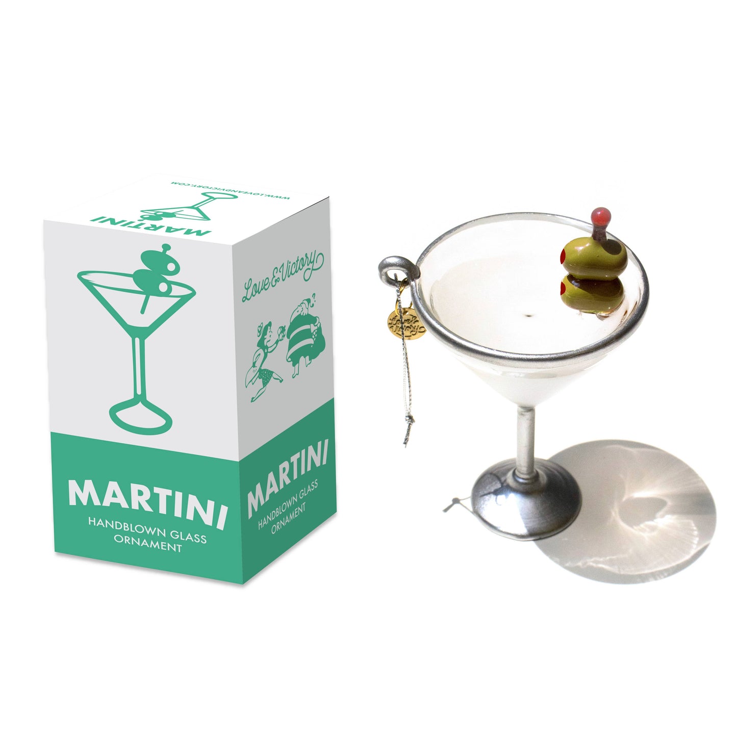 Hand blown glass martini ornament with display box.