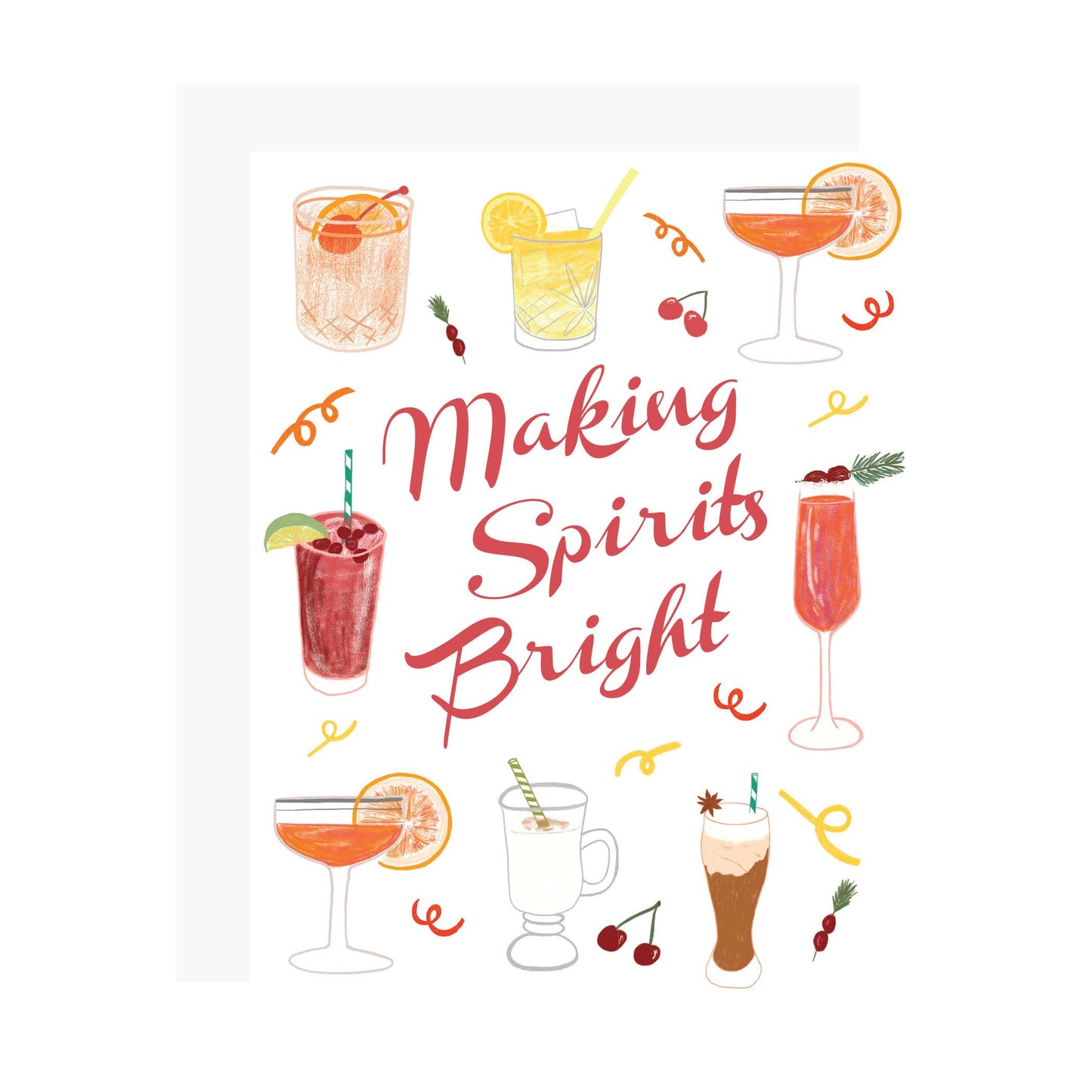 Holiday cocktail greeting card that reads "Making Spirits Bright" 