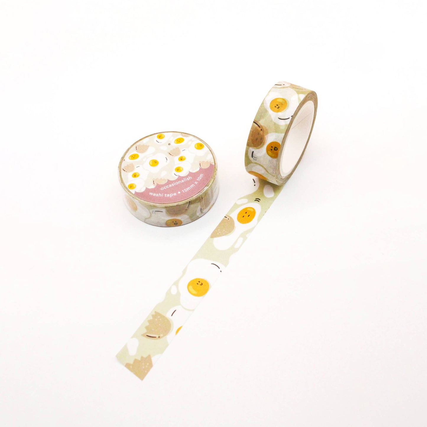 Sunny side up washi tape with assorted eggs and cracked egg shells.