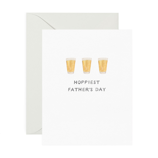 Beer father's day greeting card that reads "Hoppiest Father's Day" and has images of 3 pint glasses 