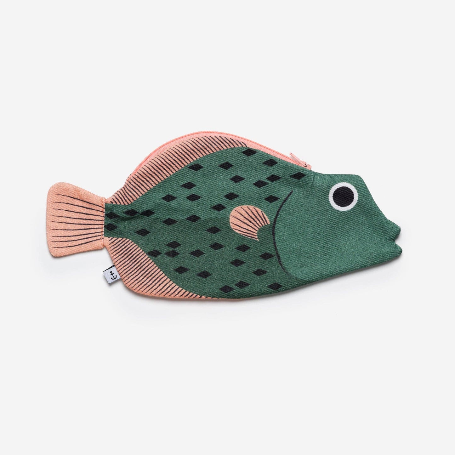 Oreo Fish zippered pouch --- body is dark green with black speckled detail, fins are pink 