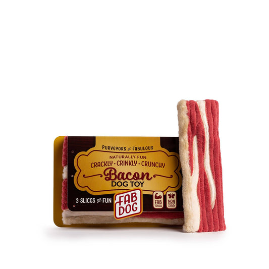 Bacon strip dog toys -- packaged just like human bacon