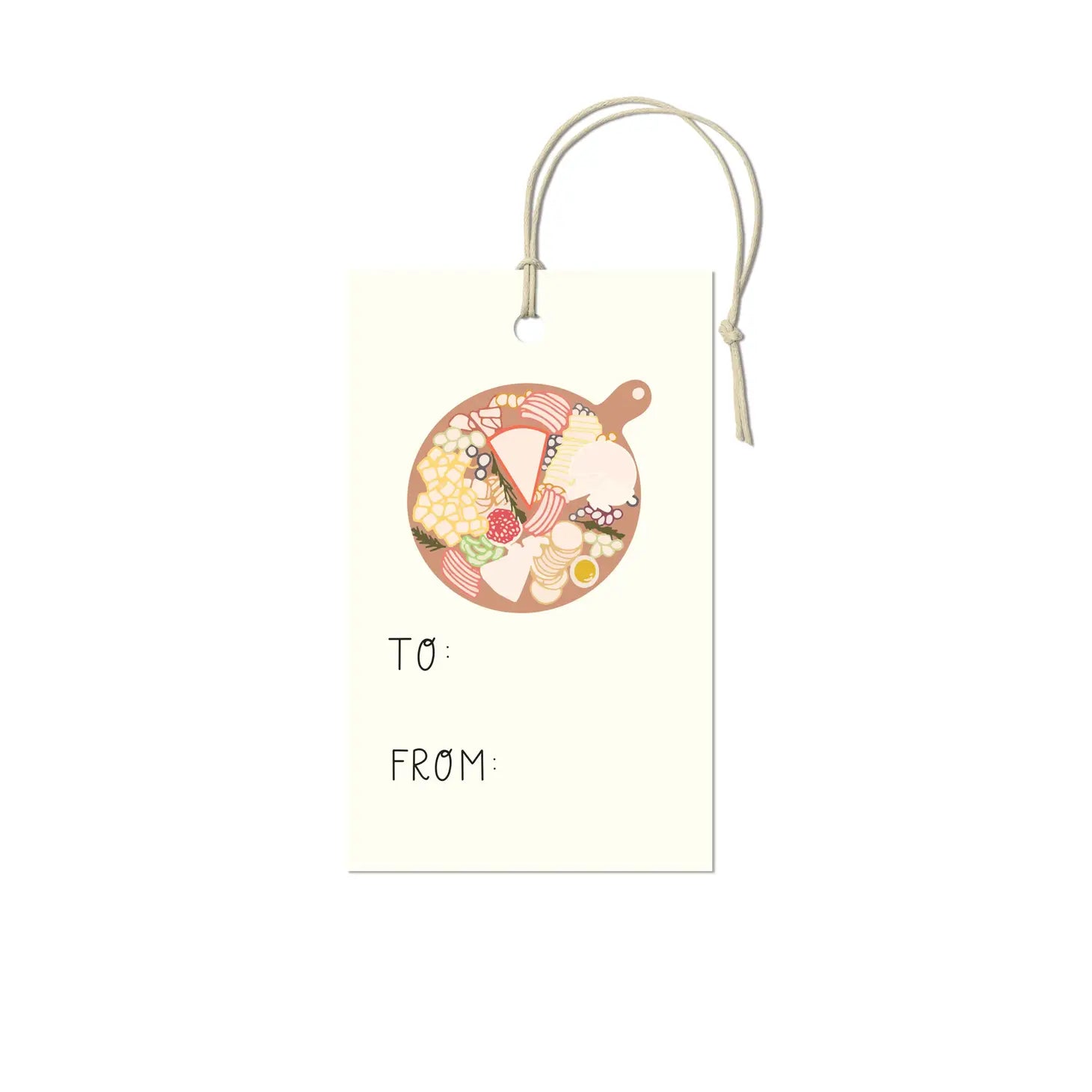 White gift tag with a charcuterie board illustration on it. Below that it says "To:" and "From:"