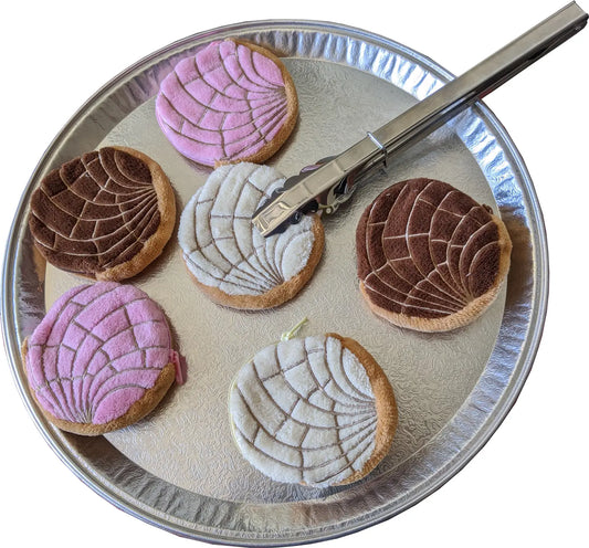 Pan Dulce plush coin purses in pink, white and brown 