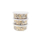 Stack of 3 enamel storage bowls with lids. Colorway: Pink Sunset -- Pink, yellow and gray splatter pattern throughout