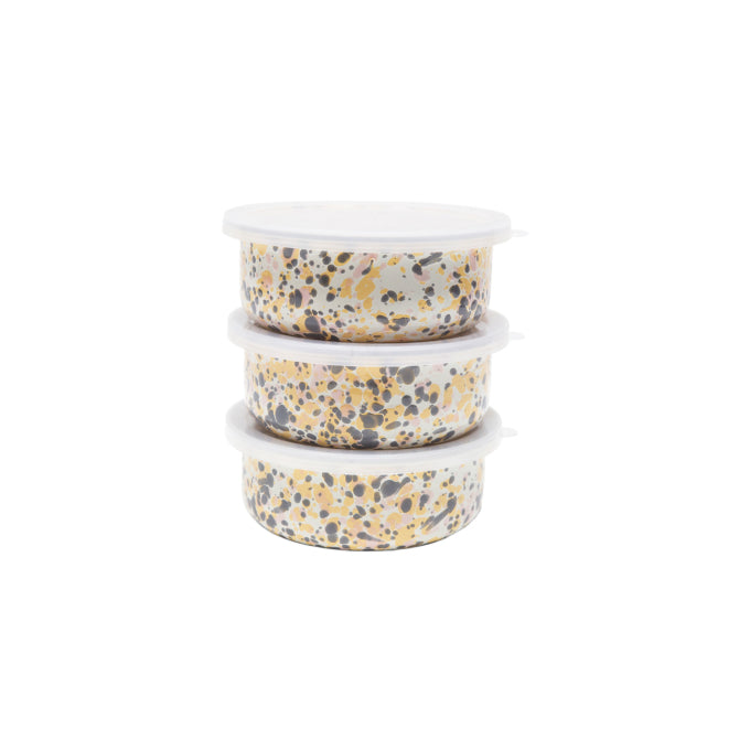Stack of 3 enamel storage bowls with lids. Colorway: Pink Sunset -- Pink, yellow and gray splatter pattern throughout
