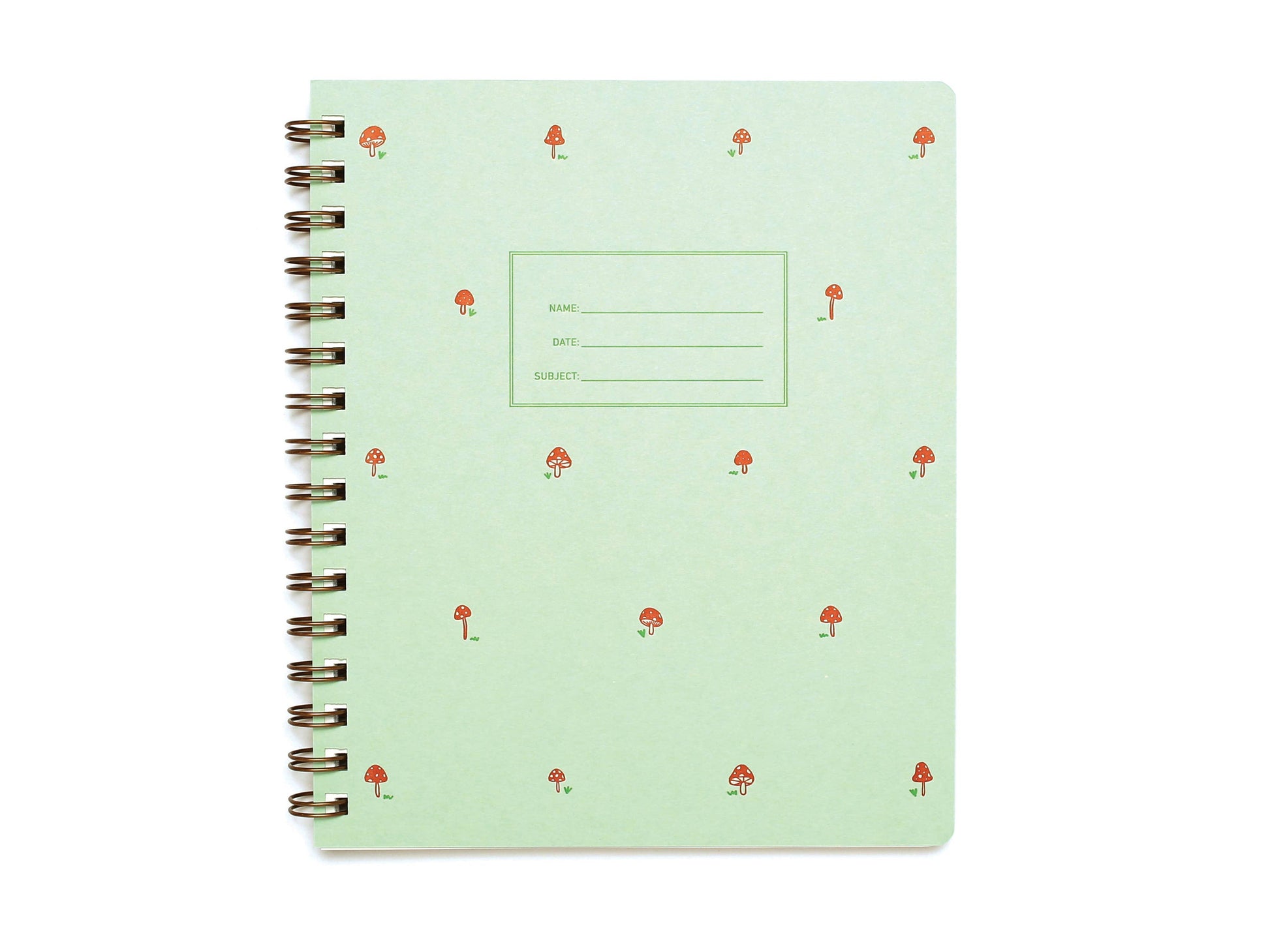spiral bound notebook with red mushrooms on mint green background 