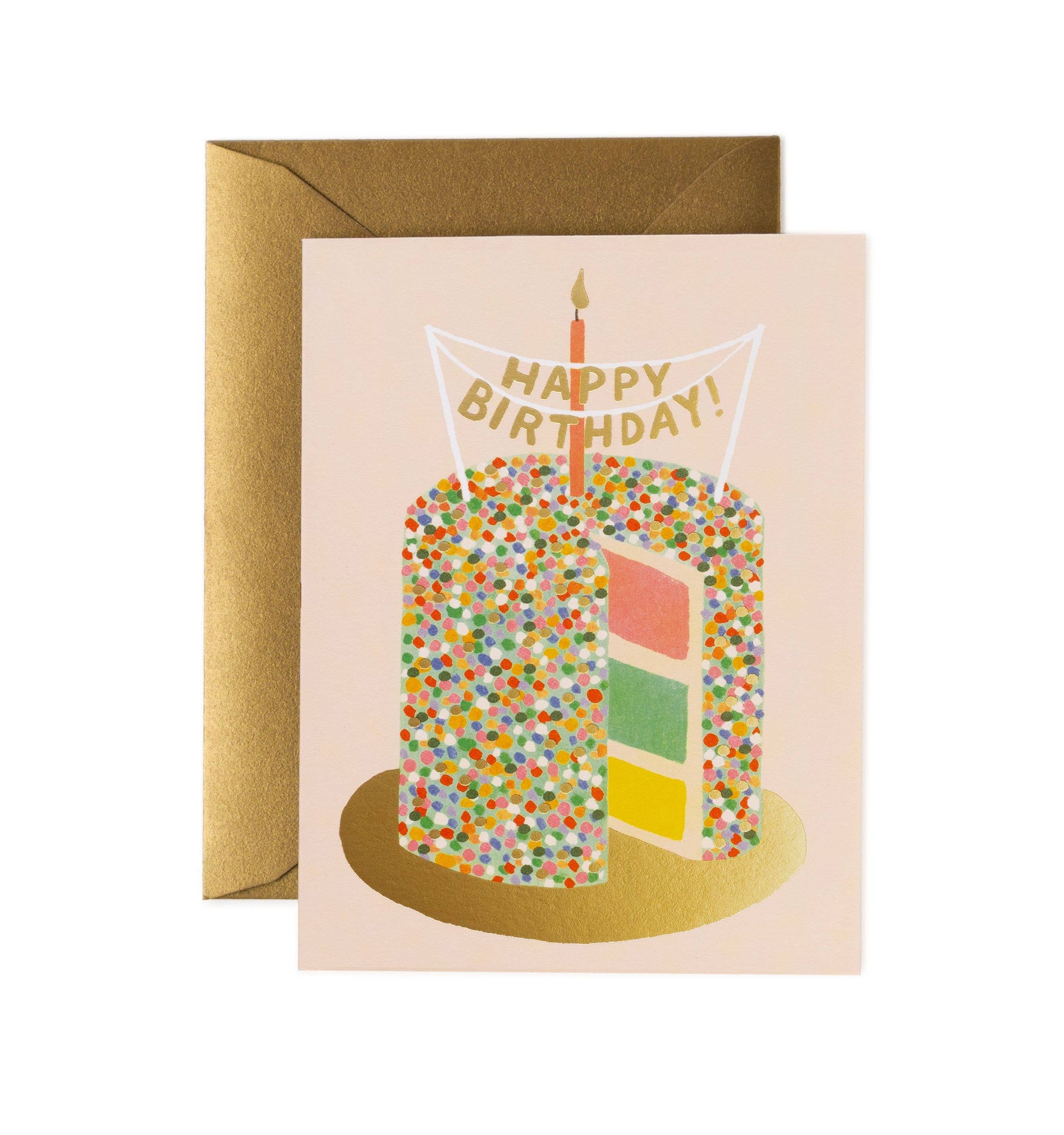 Greeting card with illustration of a birthday cake covered in colorful round sprinkles with a single candle on top and a cake topper that says "Happy Birthday!" A single slice has been taken out of the cake and you can see three layers on the inside - pink, yellow, and mint colored.